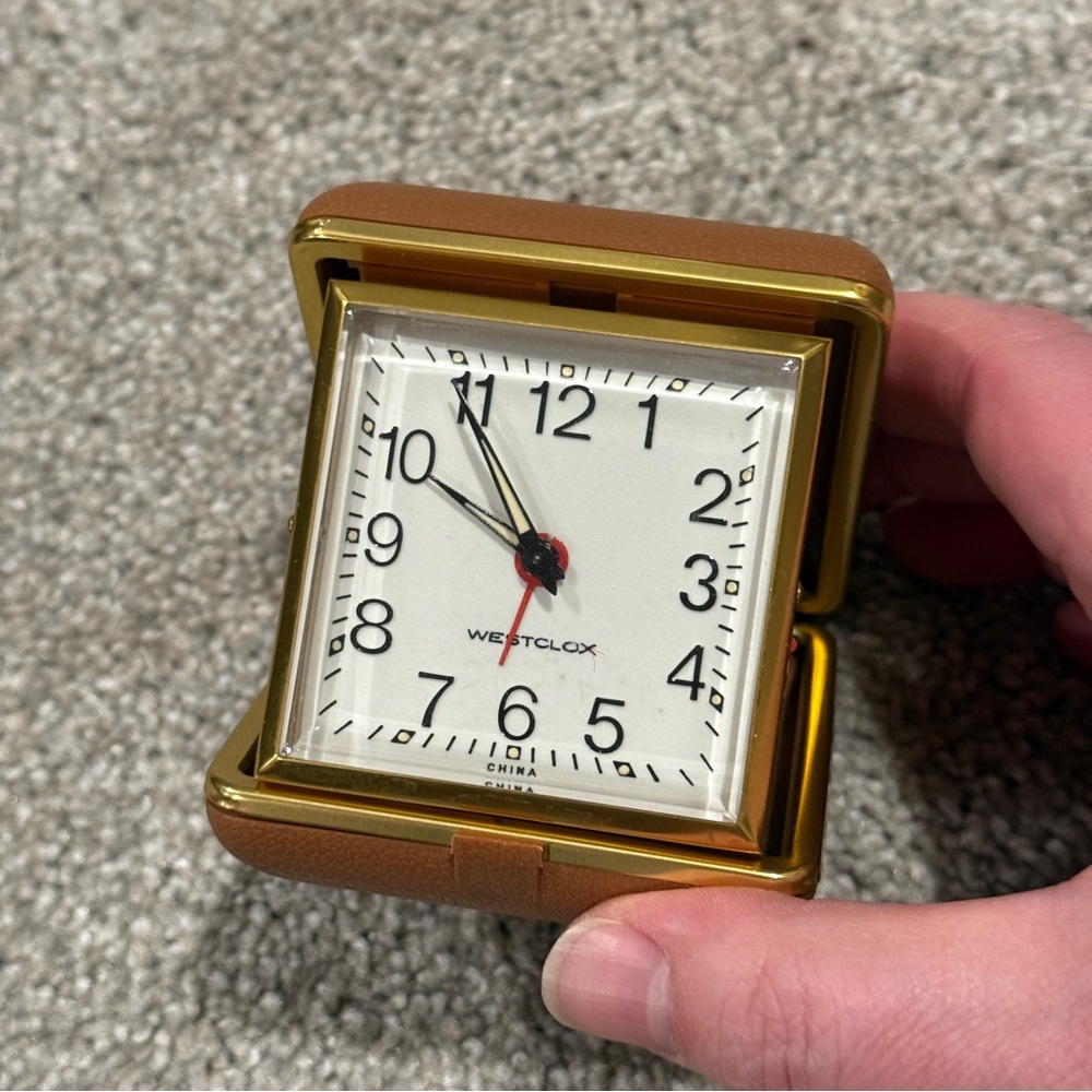 Vintage Westclox Travel Alarm Clock Wind Up Tan Hard Shell Case